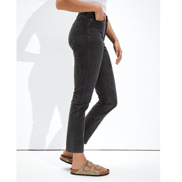 AE Corduroy Mom Jean Dark Grey High Waisted Straight Tapered Stretch Denim Jeans - Picture 2 of 12